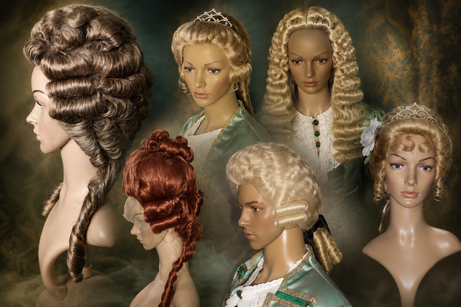 Montage historischer Damen- und Herrenperücken aus dem Atelier ChaPeau
